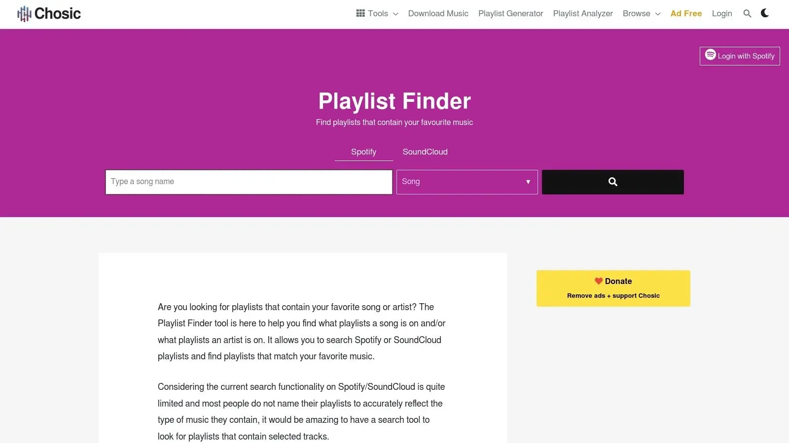 Chosic’s Playlist Finder with a song search field for finding Spotify and SoundCloud playlists.