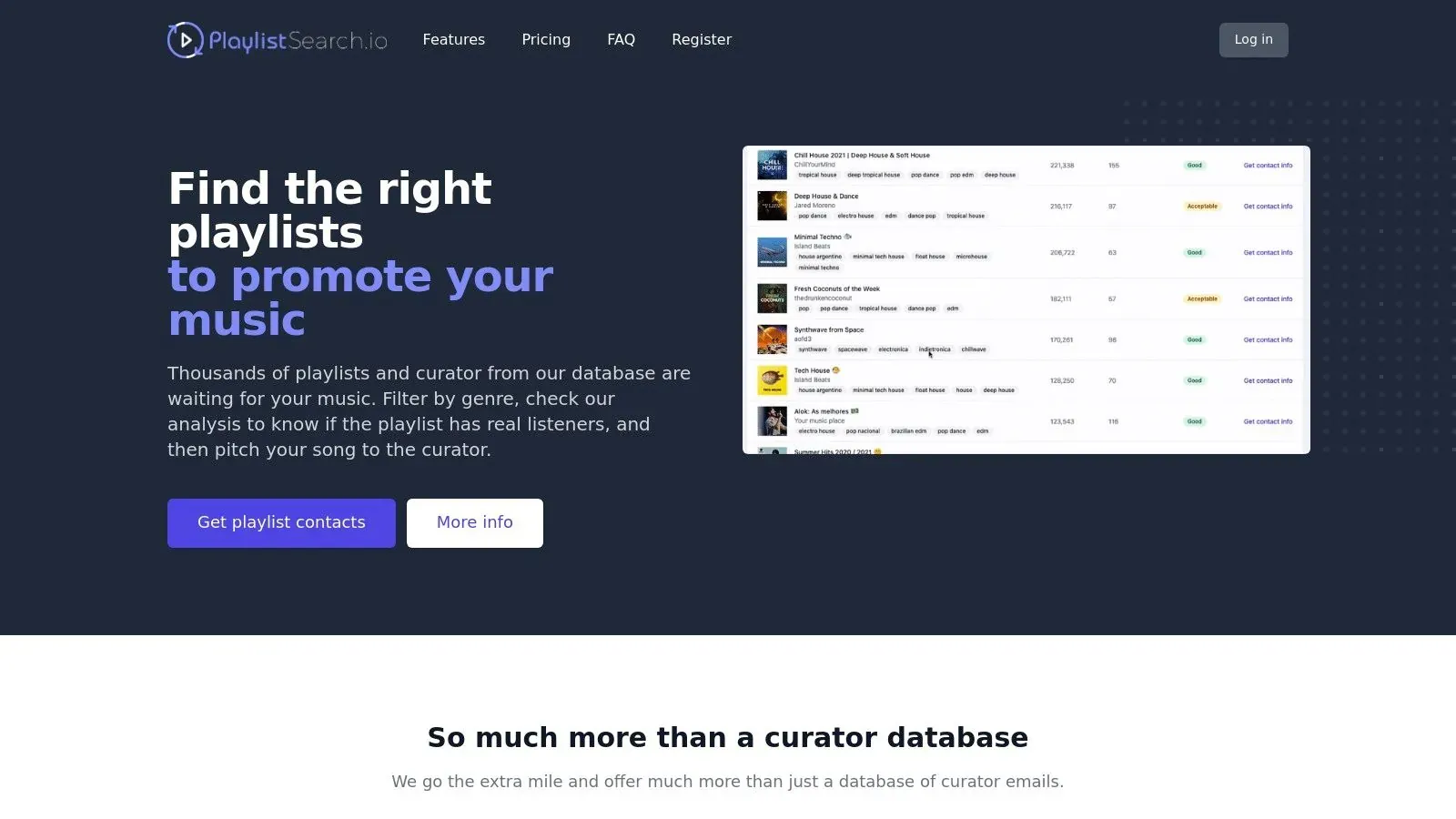 PlaylistSearch.io’s homepage offering playlist curator contacts with a preview of playlist search results.