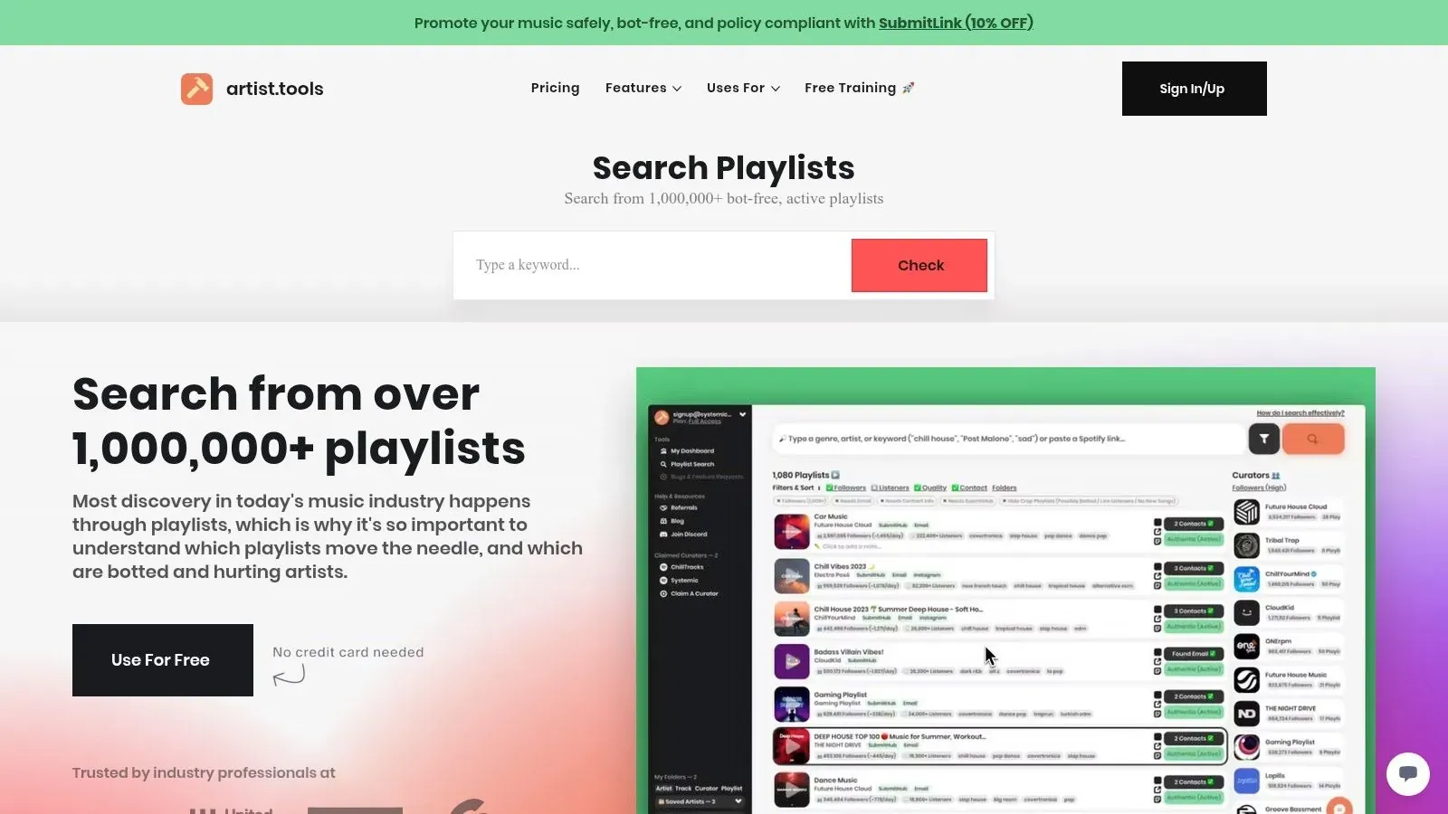 artist.tools Playlist Search page displaying a keyword field and preview of playlist results and curator contacts.