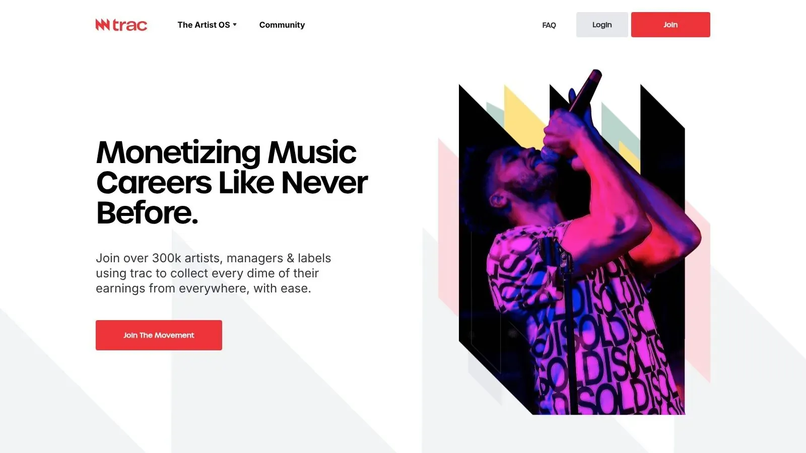 Trac homepage promoting music career monetization and collecting earnings, alongside a photograph of a performing artist.