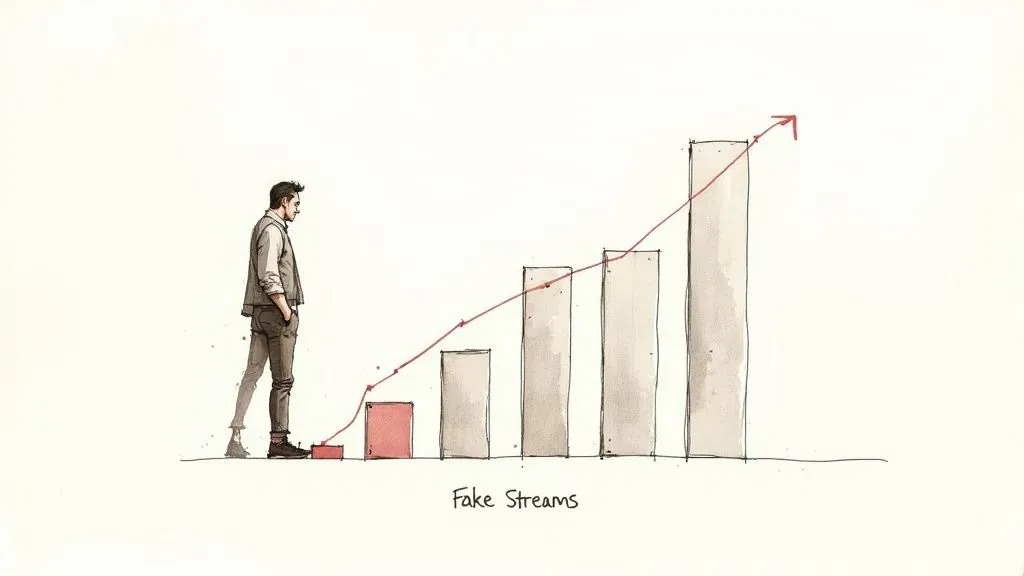 Person facing rising bars labeled “Fake Streams,” illustrating artificially inflated music performance.
