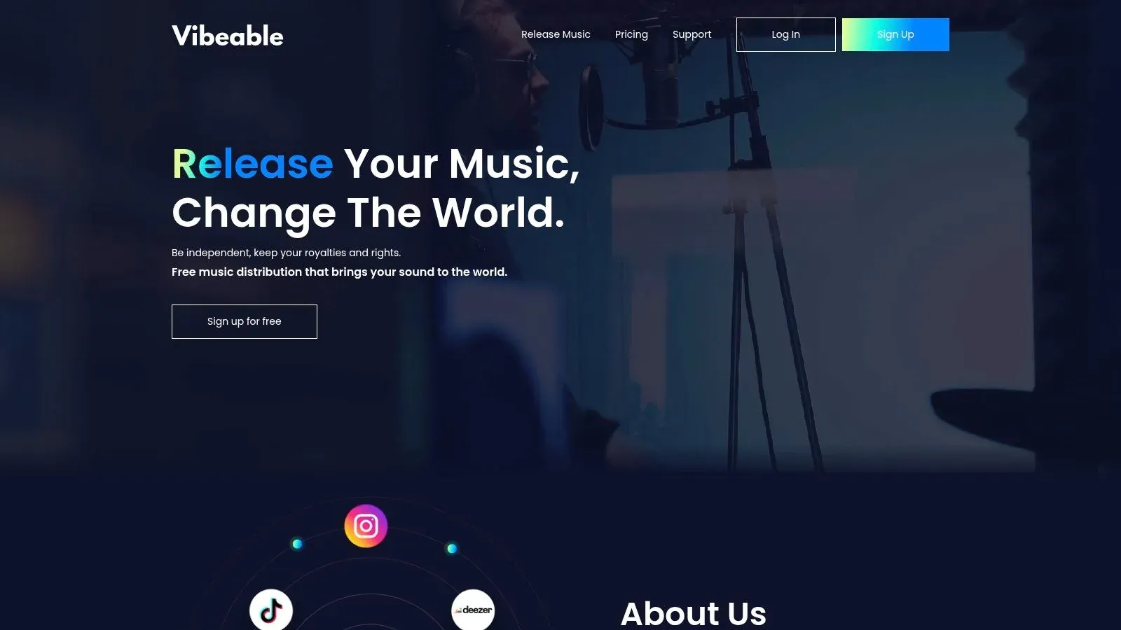 Vibeable homepage offering free music distribution with the message Release Your Music, Change the World.