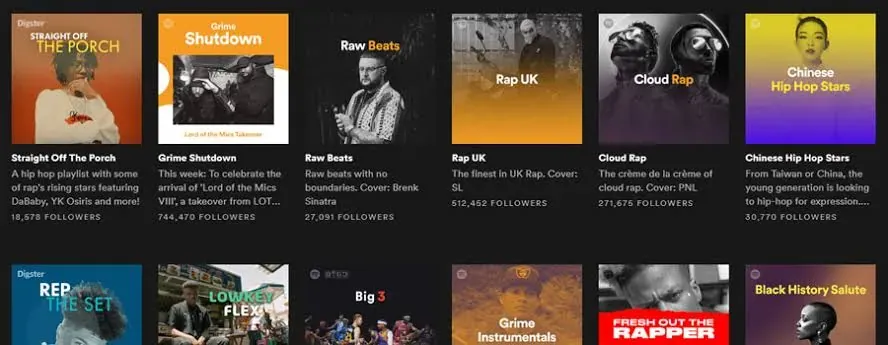 Grid of rap playlist covers, including Rap UK, Cloud Rap, and Grime Shutdown, with follower counts.