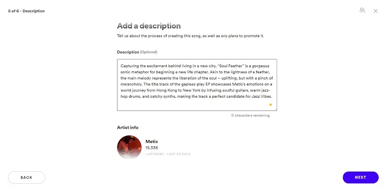 Spotify for Artists’ editorial pitching form showing a completed song description and artist information.