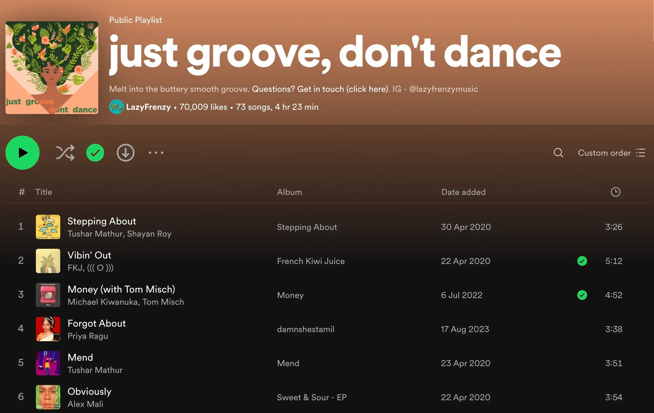 Spotify’s “just groove, don’t dance” playlist displaying its curator, likes, and track list.