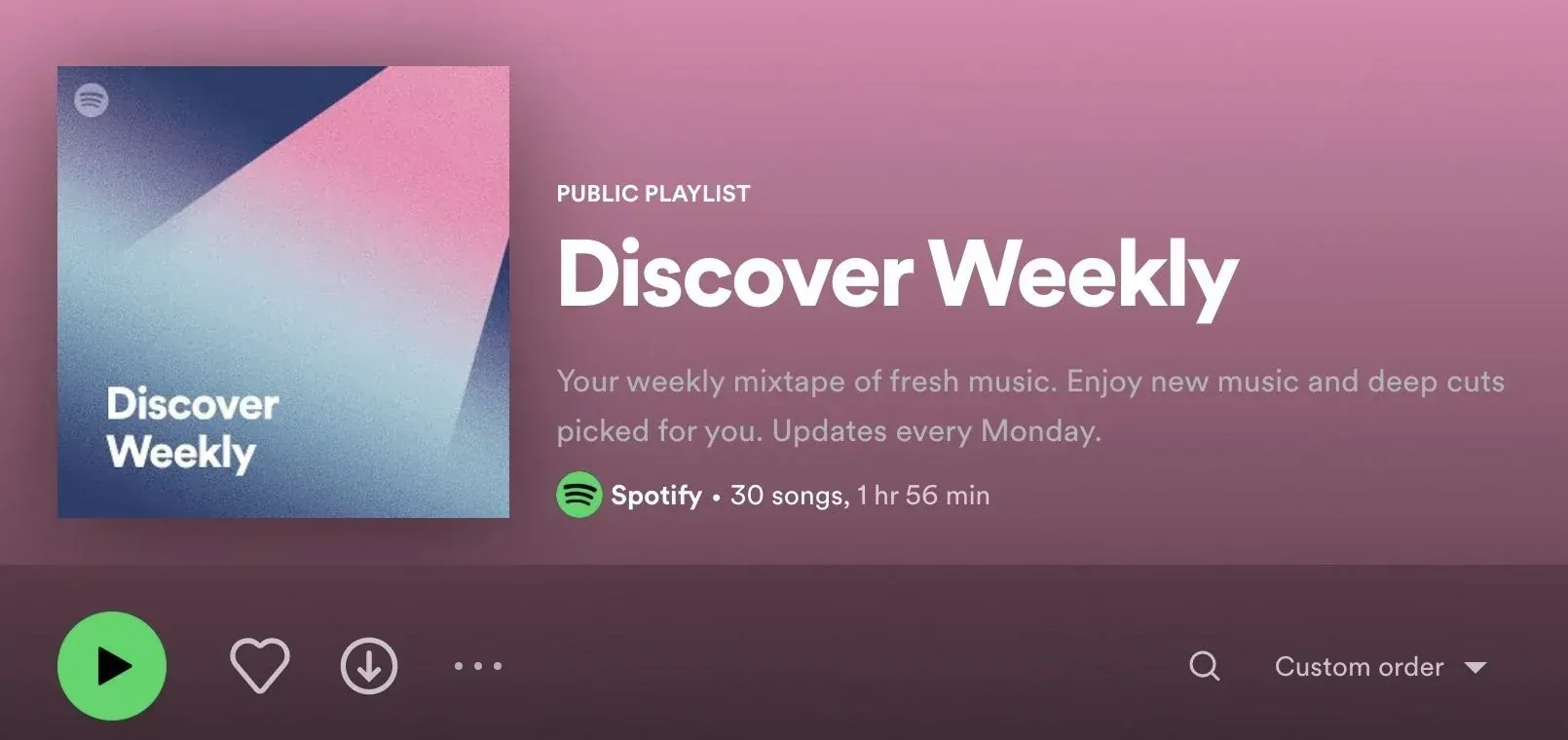 Spotify’s Discover Weekly playlist header describing a personalized mix of new music updated every Monday.
